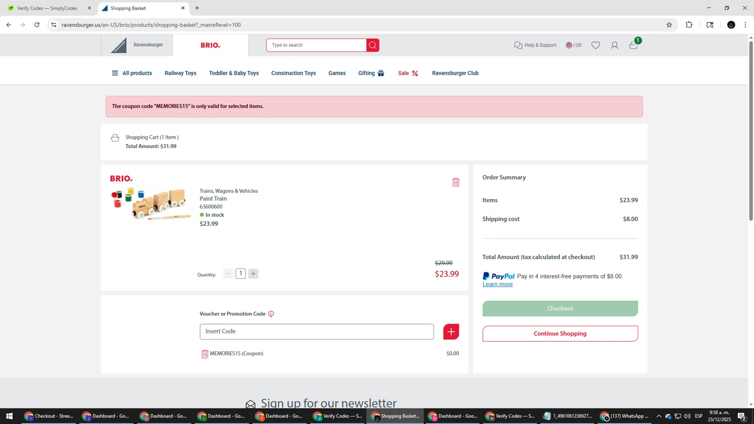 BRIO promo code screenshot showing code MEMORIES15 applied at BRIO checkout page. Uploaded by SimplyCodes community member Salometta on Dec 23, 2025