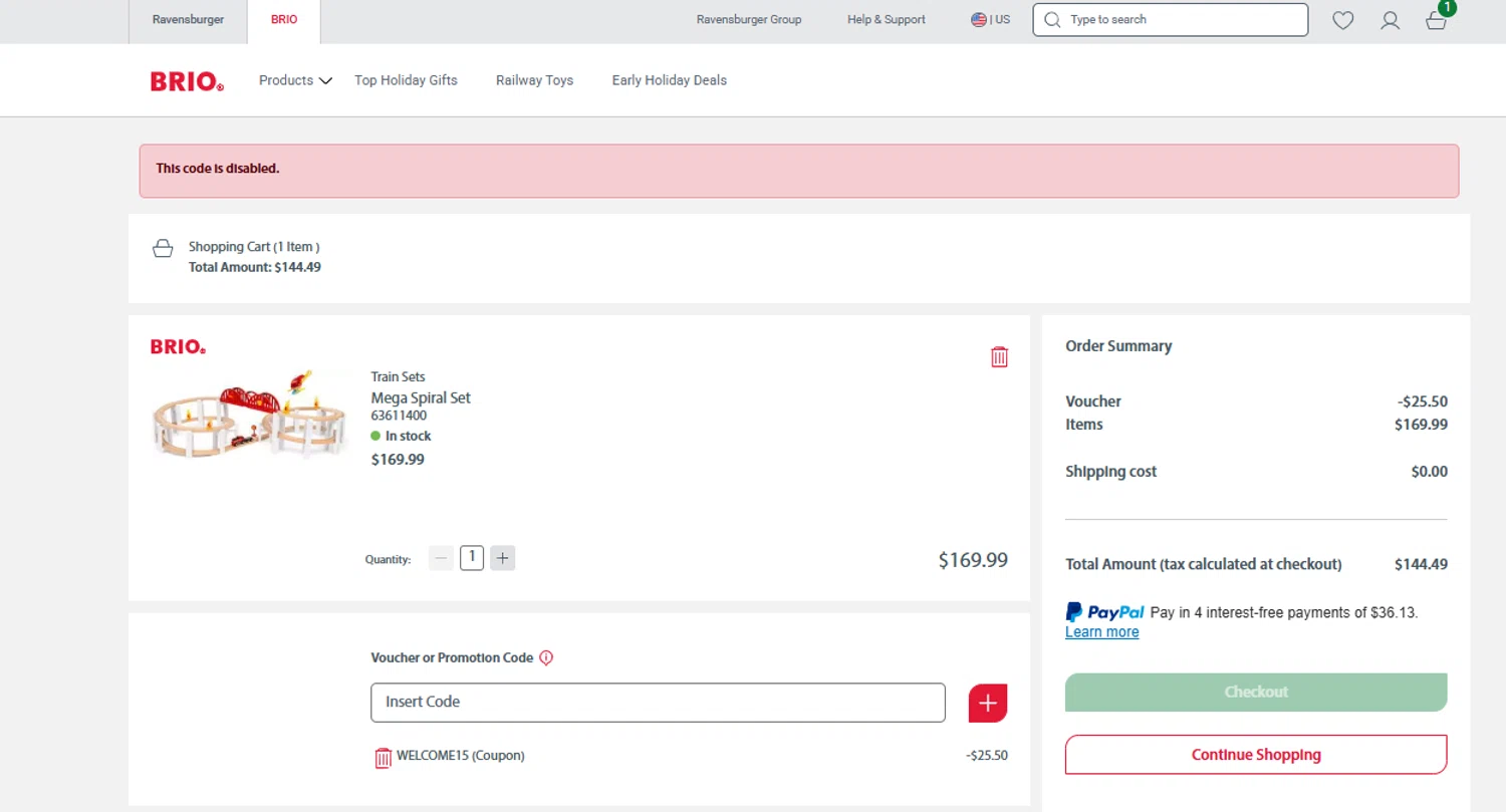 BRIO promo code screenshot showing code WELCOME15 applied at BRIO checkout page. Uploaded by SimplyCodes community member ashe1986 on Oct 29, 2025