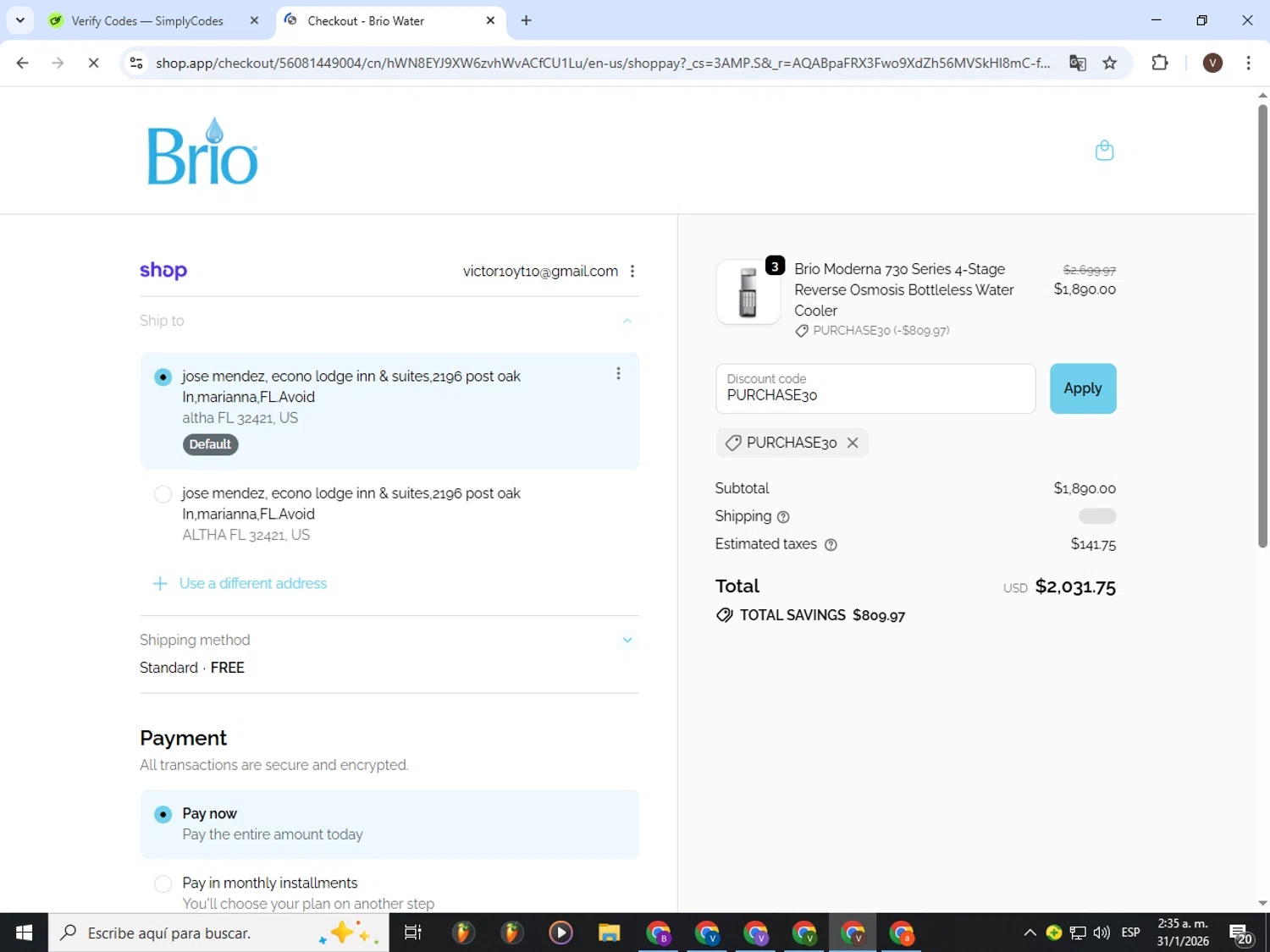 Brio Coolers promo code screenshot showing code PURCHASE30 applied at Brio Coolers checkout page. Uploaded by SimplyCodes community member CashLion3448 on Jan 31, 2026