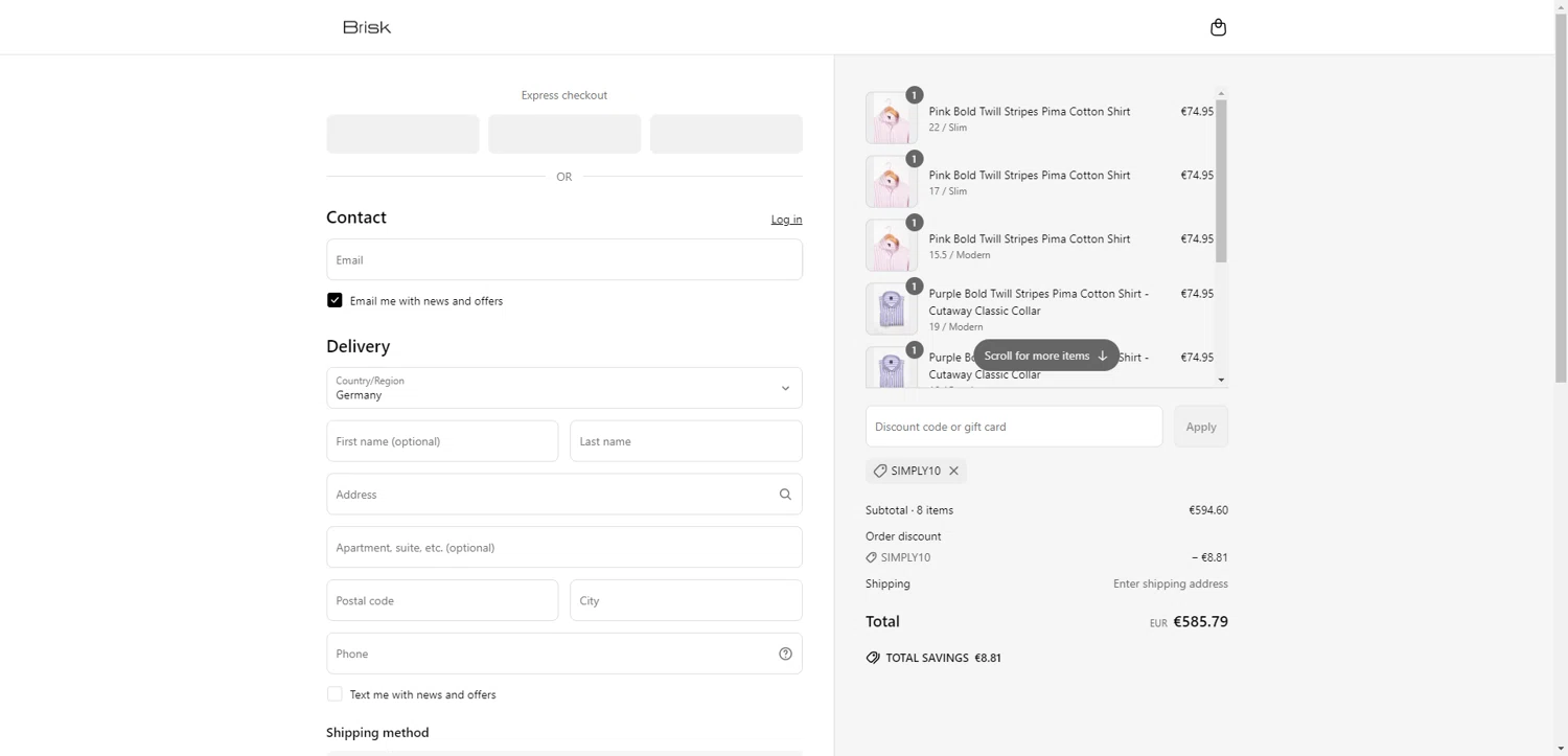 Brisk Shirts promo code screenshot showing code SIMPLY10 applied at Brisk Shirts checkout page. Uploaded by SimplyCodes community member PennyRanger8219 on Jun 12, 2025