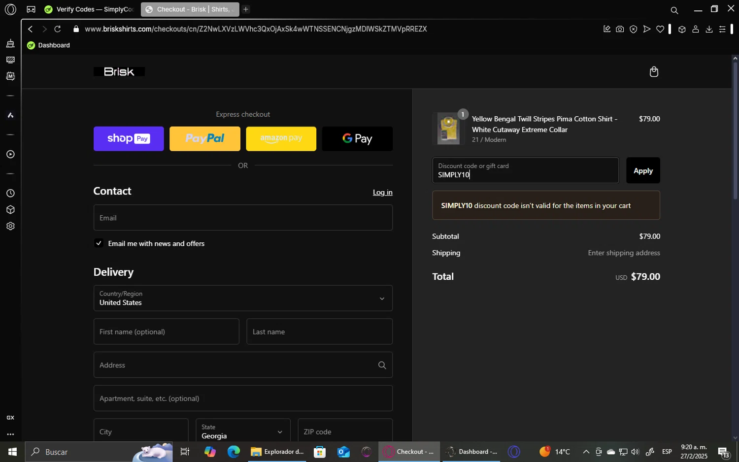 Brisk Shirts promo code screenshot showing code SIMPLY10 applied at Brisk Shirts checkout page. Uploaded by SimplyCodes community member ShieldVirtuoso1197 on Feb 27, 2025