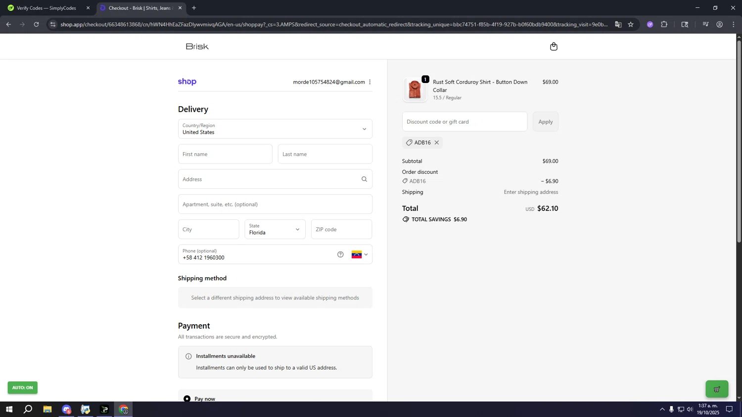 Brisk Shirts promo code screenshot showing code ADB16 applied at Brisk Shirts checkout page. Uploaded by SimplyCodes community member ooooooooooooooooooo on Oct 19, 2025