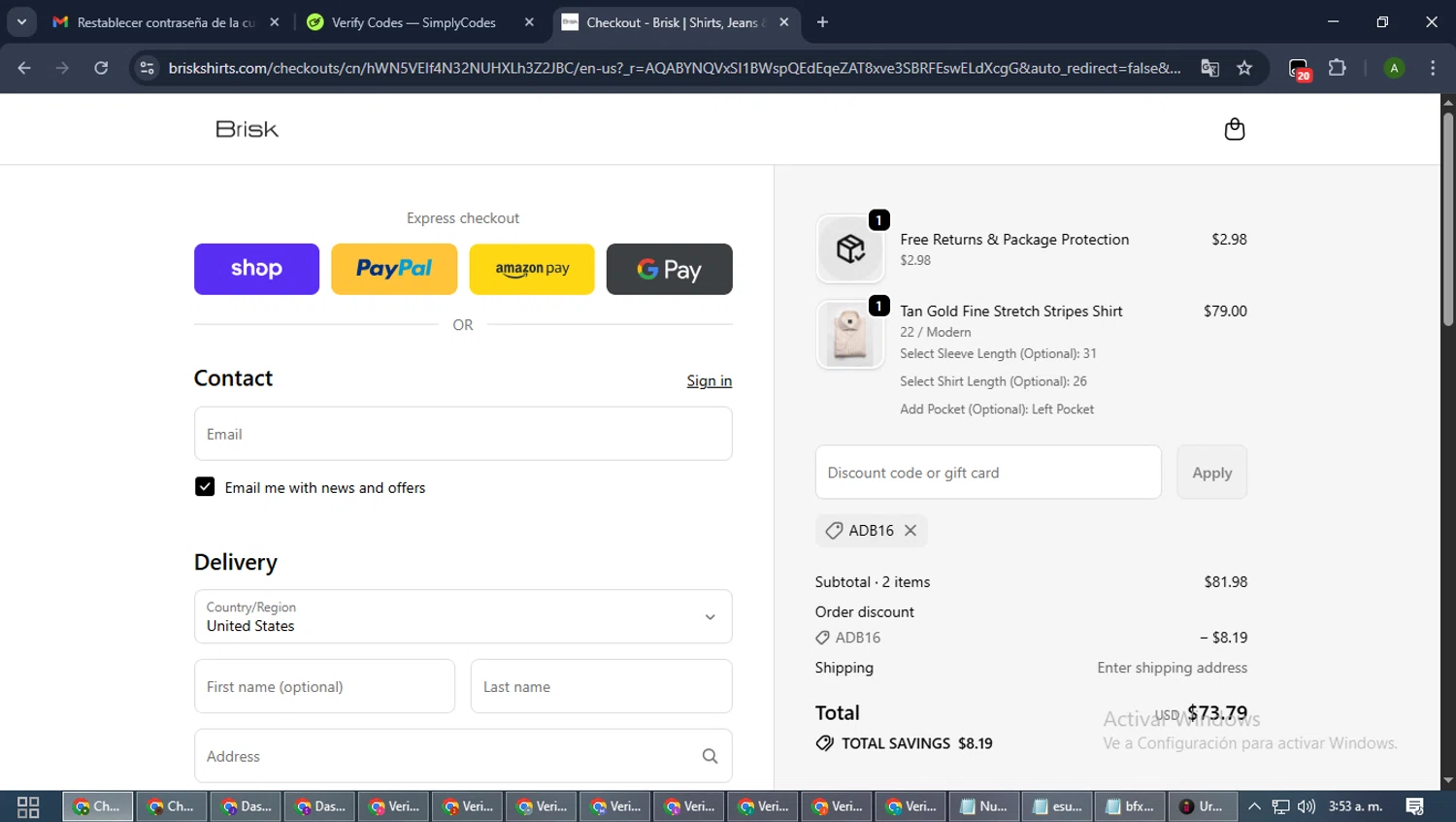 Brisk Shirts promo code screenshot showing code ADB16 applied at Brisk Shirts checkout page. Uploaded by SimplyCodes community member CashLynx5338 on Nov 20, 2025