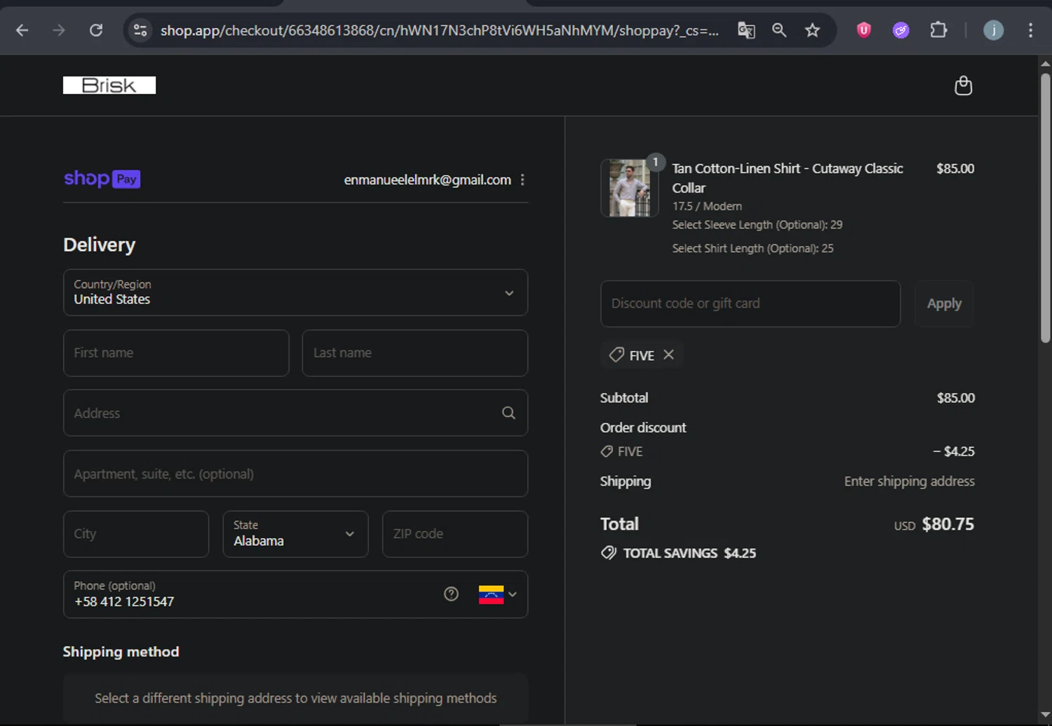 Brisk Shirts promo code screenshot showing code FIVE applied at Brisk Shirts checkout page. Uploaded by SimplyCodes community member SavingsCurator5849 on Jul 27, 2025