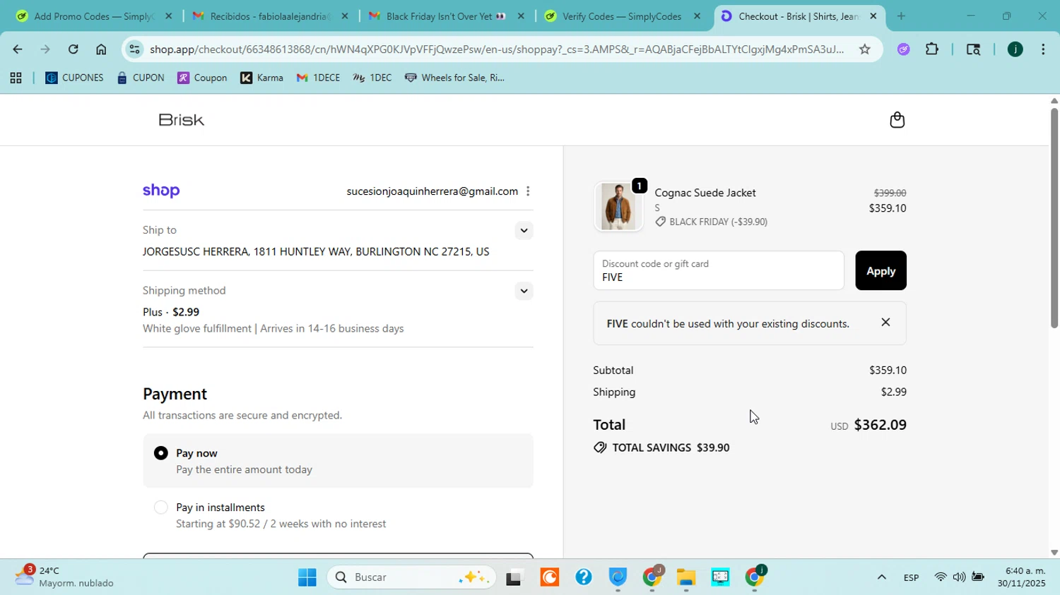 Brisk Shirts promo code screenshot showing code FIVE applied at Brisk Shirts checkout page. Uploaded by SimplyCodes community member jorgejavierherrera on Nov 30, 2025