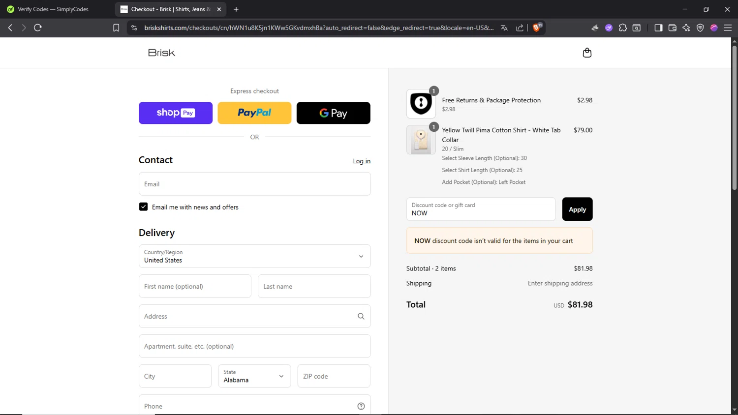 Brisk Shirts promo code screenshot showing code NOW applied at Brisk Shirts checkout page. Uploaded by SimplyCodes community member Morrachida04 on Aug 17, 2025