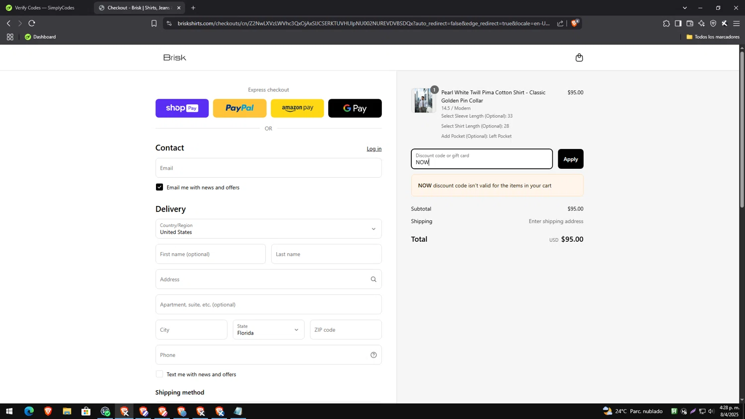 Brisk Shirts promo code screenshot showing code NOW applied at Brisk Shirts checkout page. Uploaded by SimplyCodes community member genesisgafaro on Apr 8, 2025