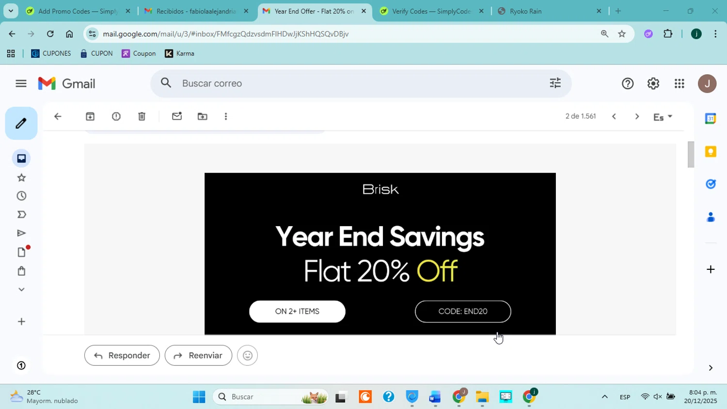 Brisk Shirts promo code screenshot showing code END20 applied at Brisk Shirts checkout page. Uploaded by SimplyCodes community member ABHF23 on Dec 21, 2025