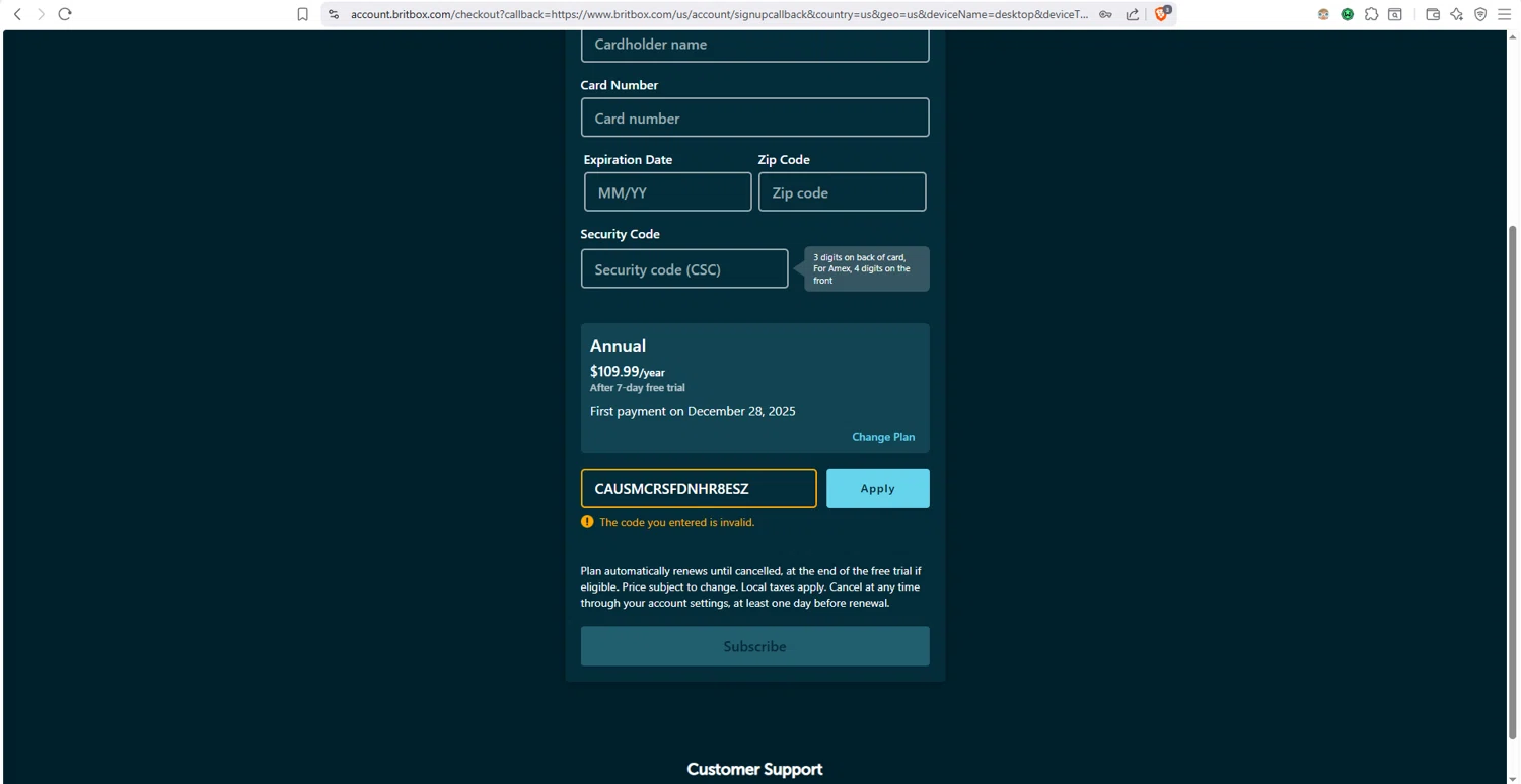 BritBox promo code screenshot showing code CAUSMCRSFDNHR8ESZ applied at BritBox checkout page. Uploaded by SimplyCodes community member dayselis15 on Dec 21, 2025