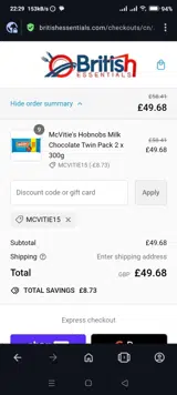 MCVITIE15 coupon verification screenshot