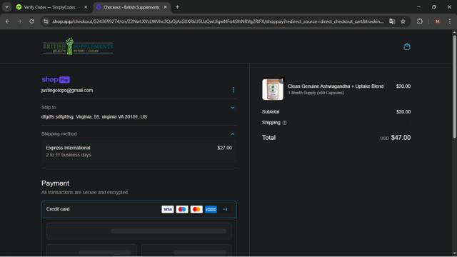 British Supplements checkout page showing British Supplements discount code box | Screenshot taken by SimplyCodes community member on Apr 15, 2025