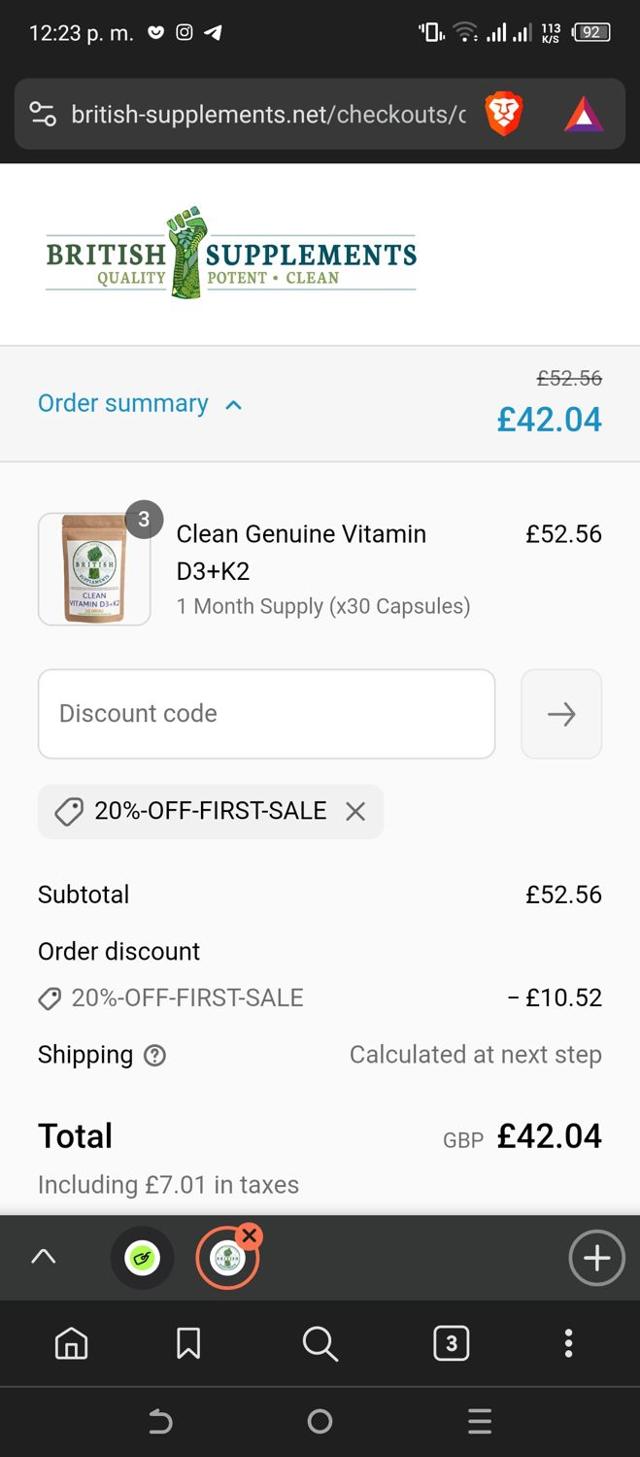 British Supplements checkout page showing British Supplements discount code box | Screenshot taken by SimplyCodes community member on Mar 22, 2025