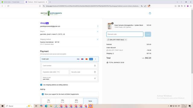 British Supplements checkout page showing British Supplements discount code box | Screenshot taken by SimplyCodes community member on Mar 22, 2025