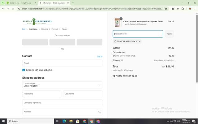 British Supplements checkout page showing British Supplements discount code box | Screenshot taken by SimplyCodes community member on Apr 11, 2025
