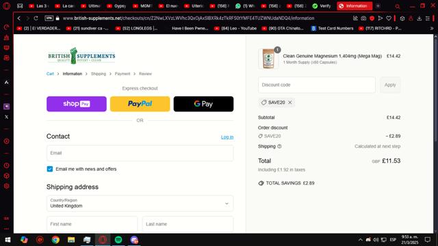 British Supplements checkout page showing British Supplements discount code box | Screenshot taken by SimplyCodes community member on Mar 21, 2025