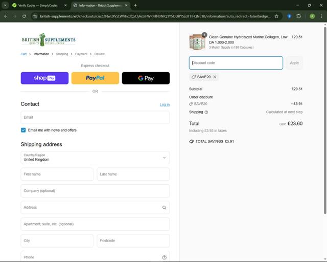 British Supplements checkout page showing British Supplements discount code box | Screenshot taken by SimplyCodes community member on Apr 2, 2025