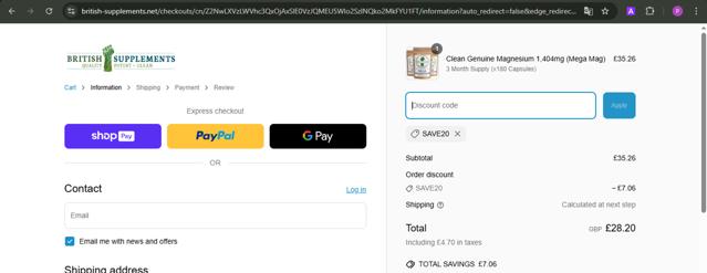 British Supplements checkout page showing British Supplements discount code box | Screenshot taken by SimplyCodes community member on Mar 24, 2025