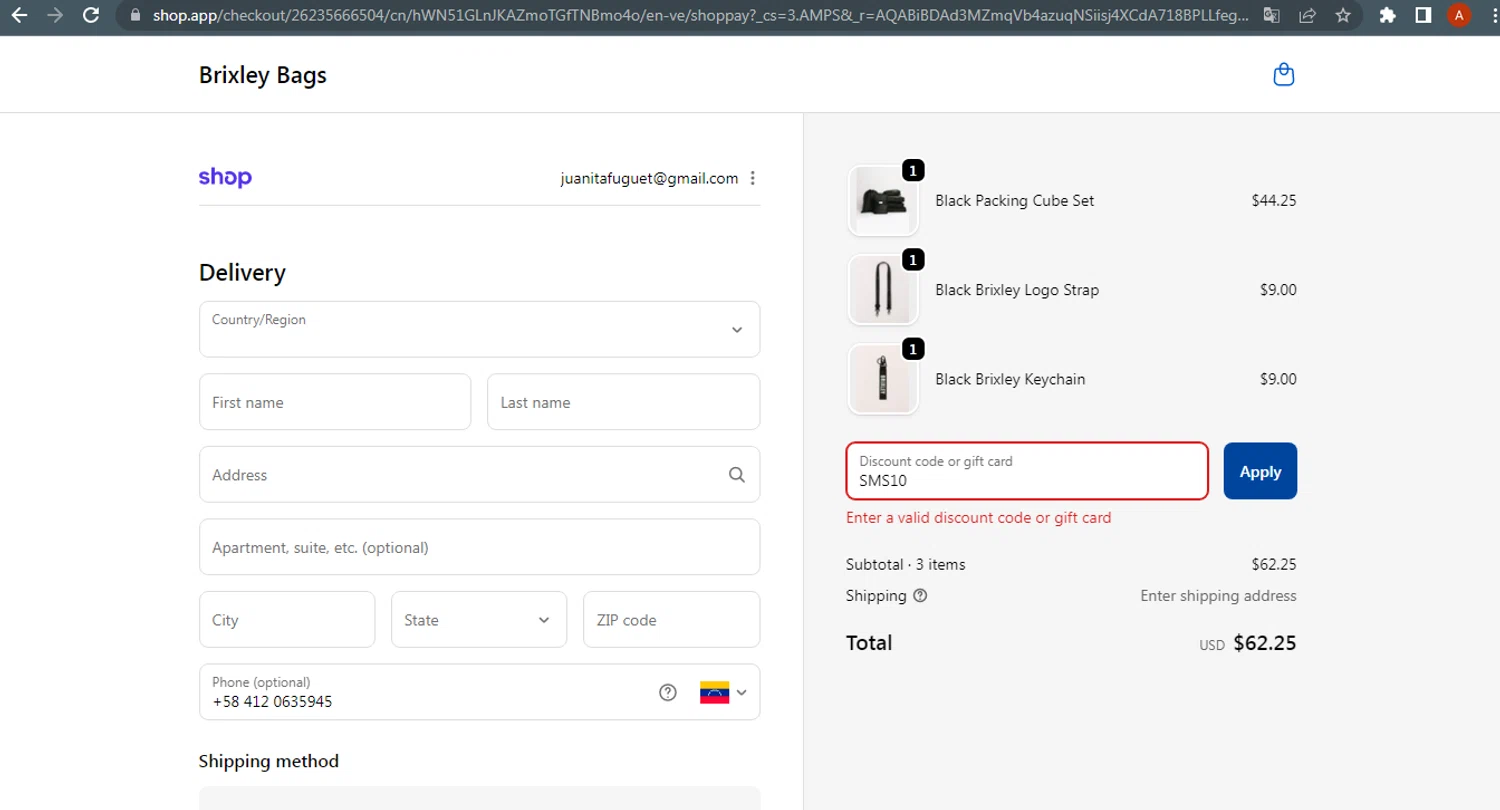 Brixley Bags discount code screenshot showing code SMS10 applied at Brixley Bags checkout page. Uploaded by SimplyCodes community member ThriftyLegend5118 on Nov 7, 2025