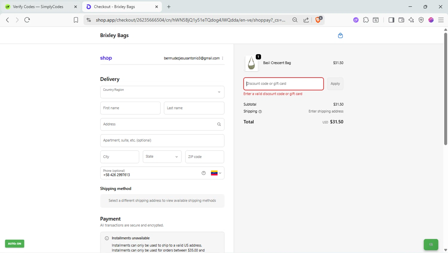 Brixley Bags discount code screenshot showing code LUCKY10 applied at Brixley Bags checkout page. Uploaded by SimplyCodes community member LaVelaEnPinta on Nov 12, 2025
