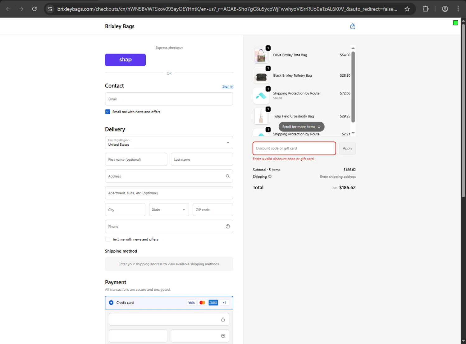 Brixley Bags discount code screenshot showing code LUCKY10 applied at Brixley Bags checkout page. Uploaded by SimplyCodes community member Scrooge on Nov 11, 2025