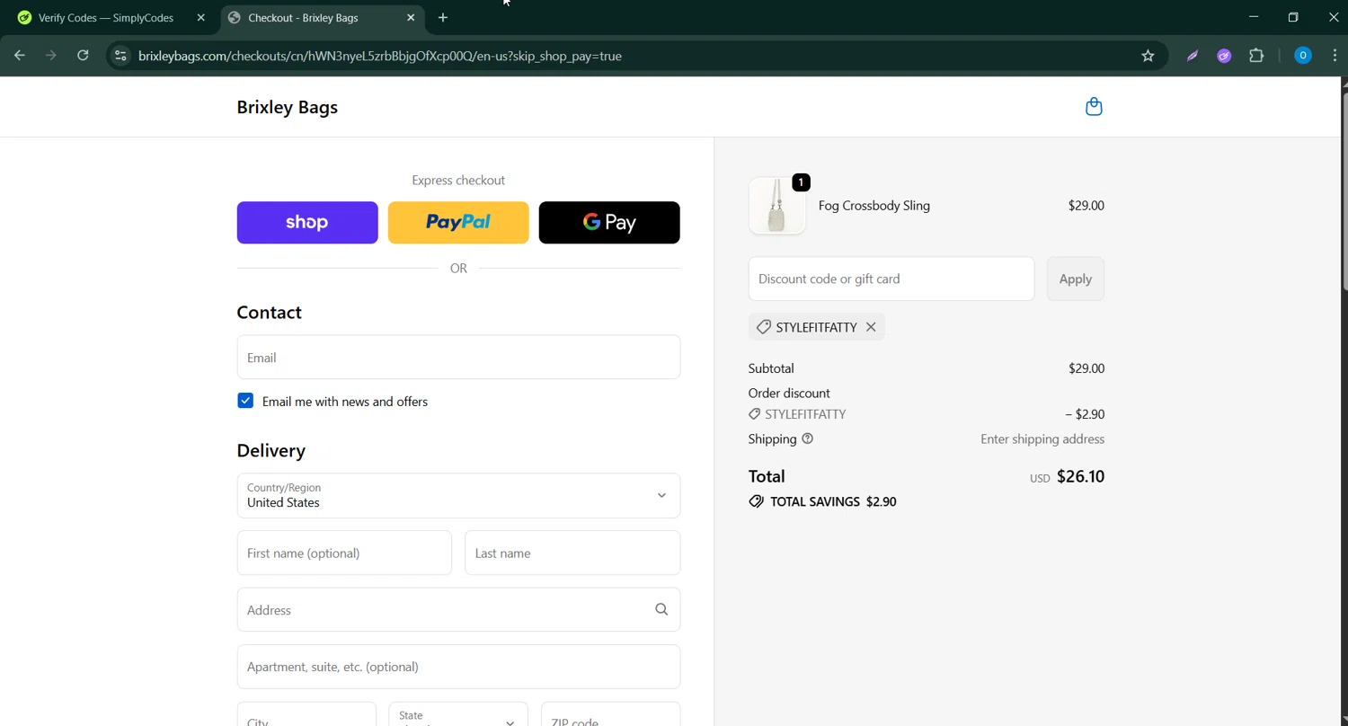 Brixley Bags discount code screenshot showing code Stylefitfatty applied at Brixley Bags checkout page. Uploaded by SimplyCodes community member CodeScholar4340 on Oct 6, 2025