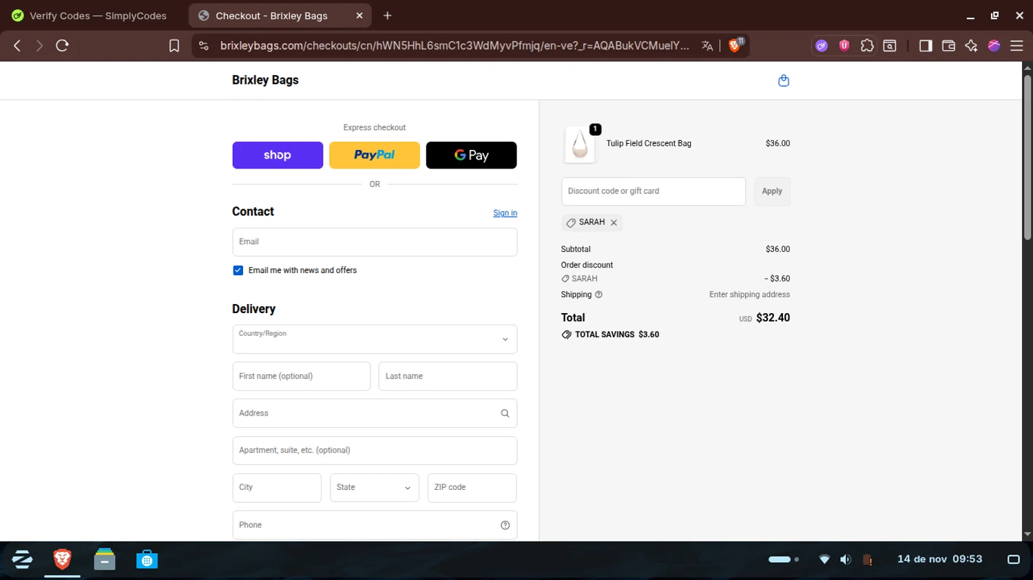 Brixley Bags discount code screenshot showing code Sarah applied at Brixley Bags checkout page. Uploaded by SimplyCodes community member SwiftTracker9305 on Nov 14, 2025