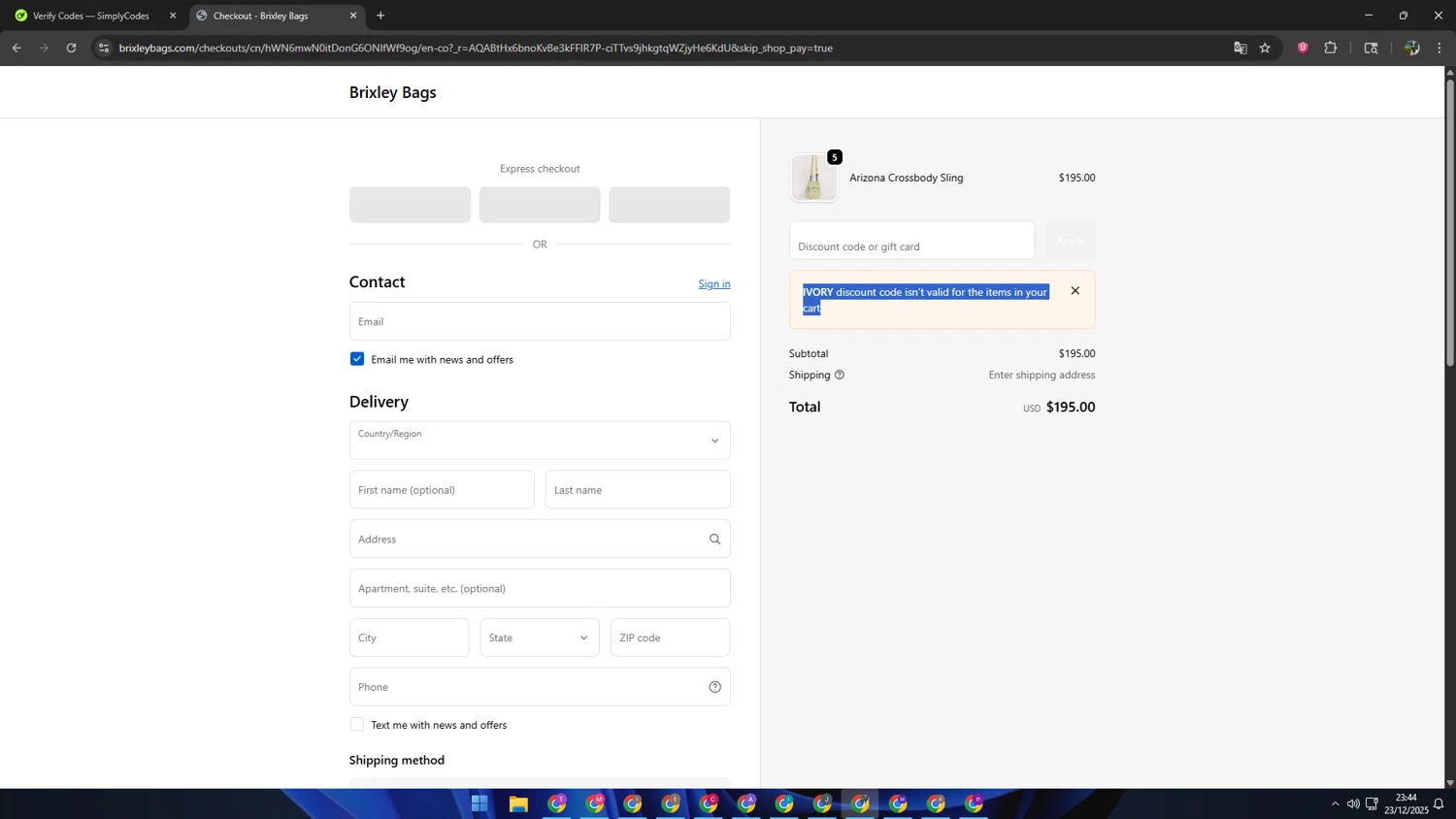 Brixley Bags discount code screenshot showing code IVORY applied at Brixley Bags checkout page. Uploaded by SimplyCodes community member SAIKOO on Dec 24, 2025