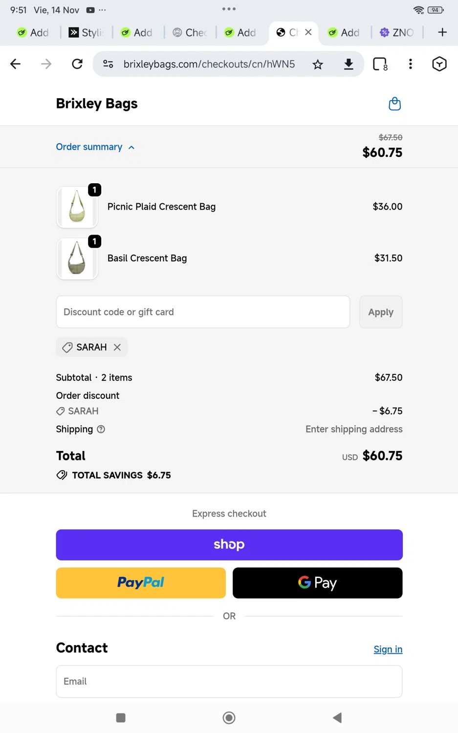 Brixley Bags discount code screenshot showing code Sarah applied at Brixley Bags checkout page. Uploaded by SimplyCodes community member KarinaHZ on Nov 14, 2025
