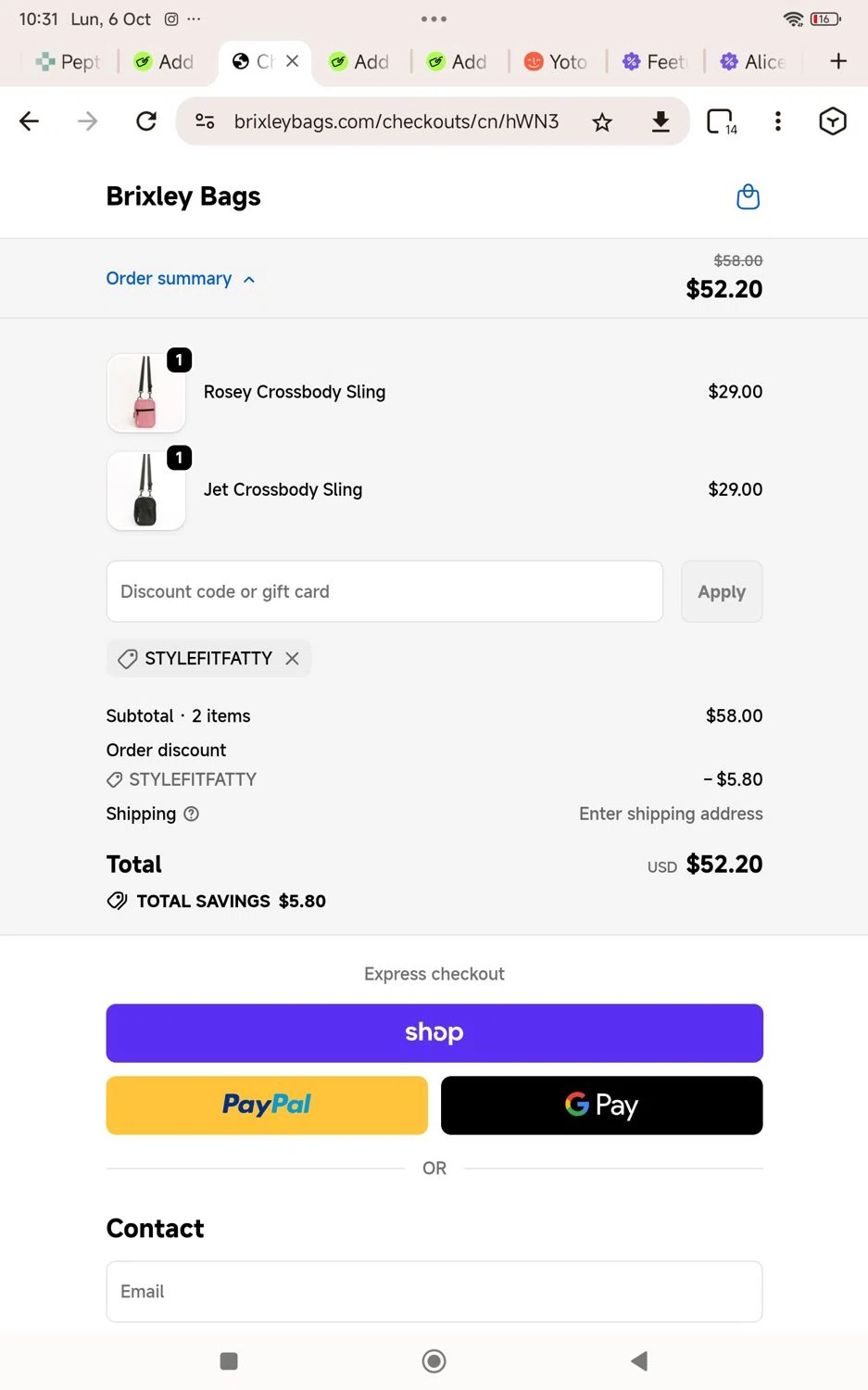 Brixley Bags discount code screenshot showing code Stylefitfatty applied at Brixley Bags checkout page. Uploaded by SimplyCodes community member KarinaHZ on Oct 6, 2025