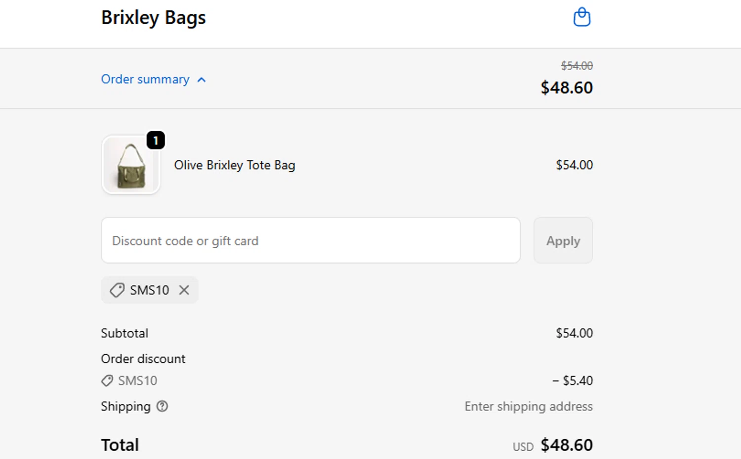 Brixley Bags discount code screenshot showing code SMS10 applied at Brixley Bags checkout page. Uploaded by SimplyCodes community member ashe1986 on Nov 21, 2025