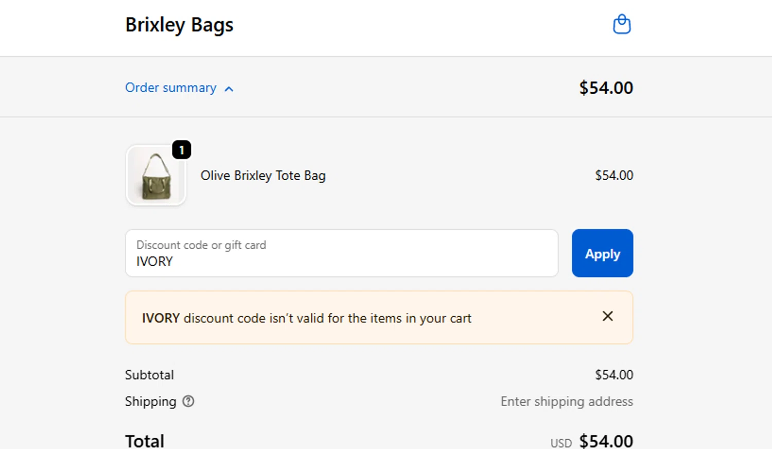 Brixley Bags discount code screenshot showing code IVORY applied at Brixley Bags checkout page. Uploaded by SimplyCodes community member ashe1986 on Nov 21, 2025