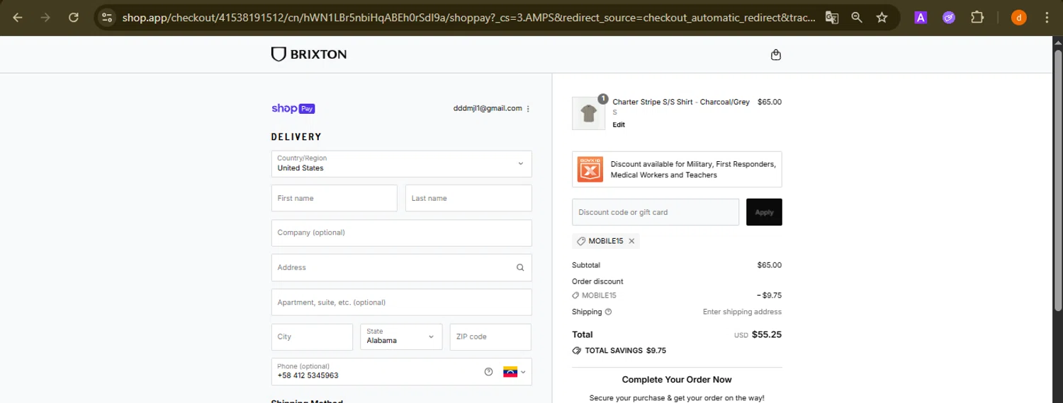 Brixton discount code screenshot showing code MOBILE15 applied at Brixton checkout page. Uploaded by SimplyCodes community member PennyAdmiral6960 on Aug 2, 2025