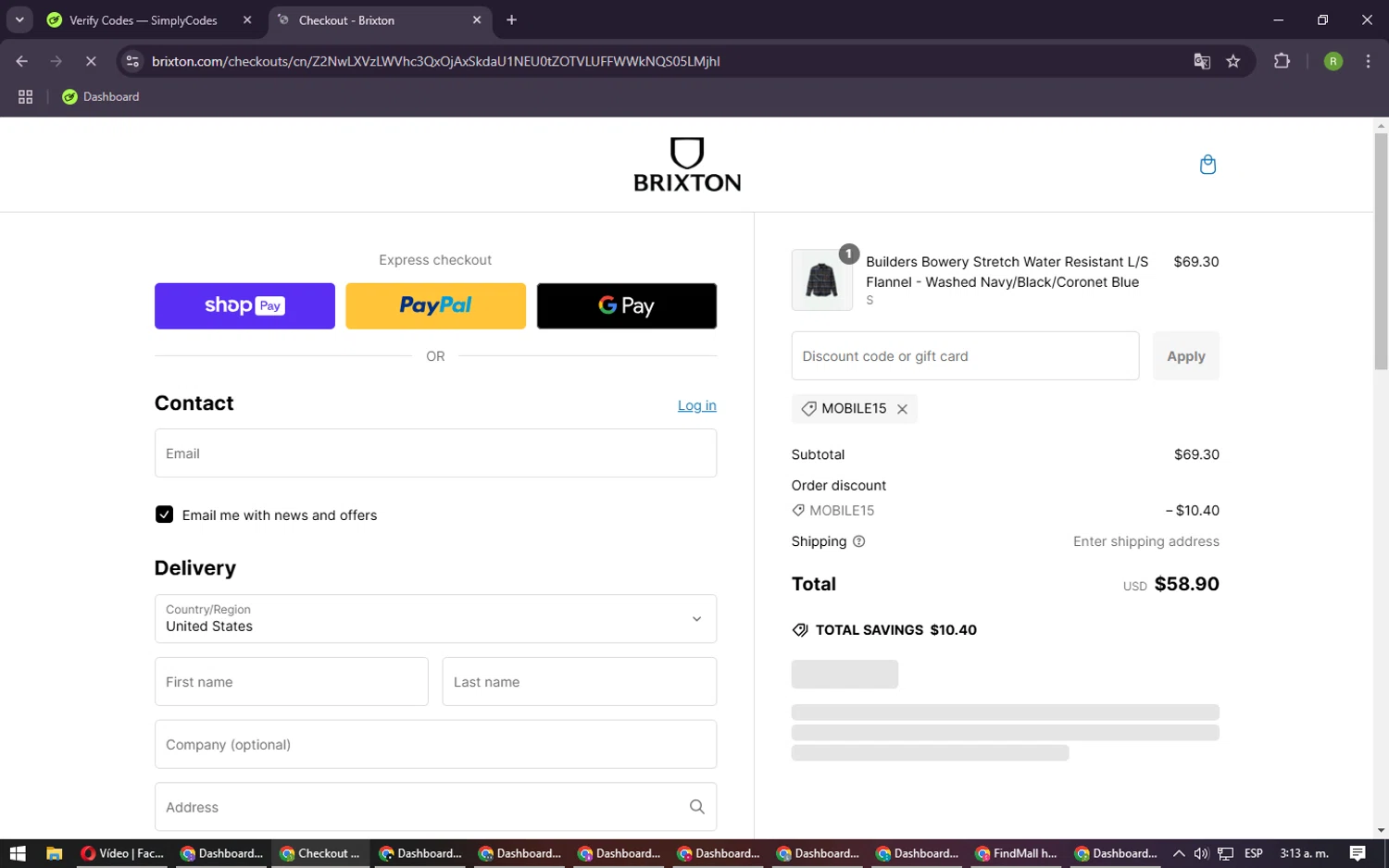 Brixton discount code screenshot showing code MOBILE15 applied at Brixton checkout page. Uploaded by SimplyCodes community member CouponRanger9482 on Jan 7, 2025