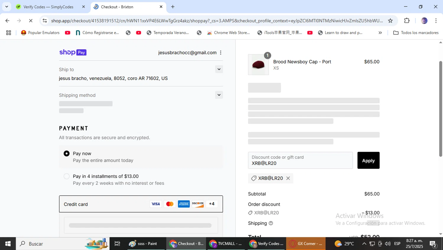 Brixton discount code screenshot showing code XRB@LR20 applied at Brixton checkout page. Uploaded by SimplyCodes community member DealLynx6506 on Jul 25, 2025