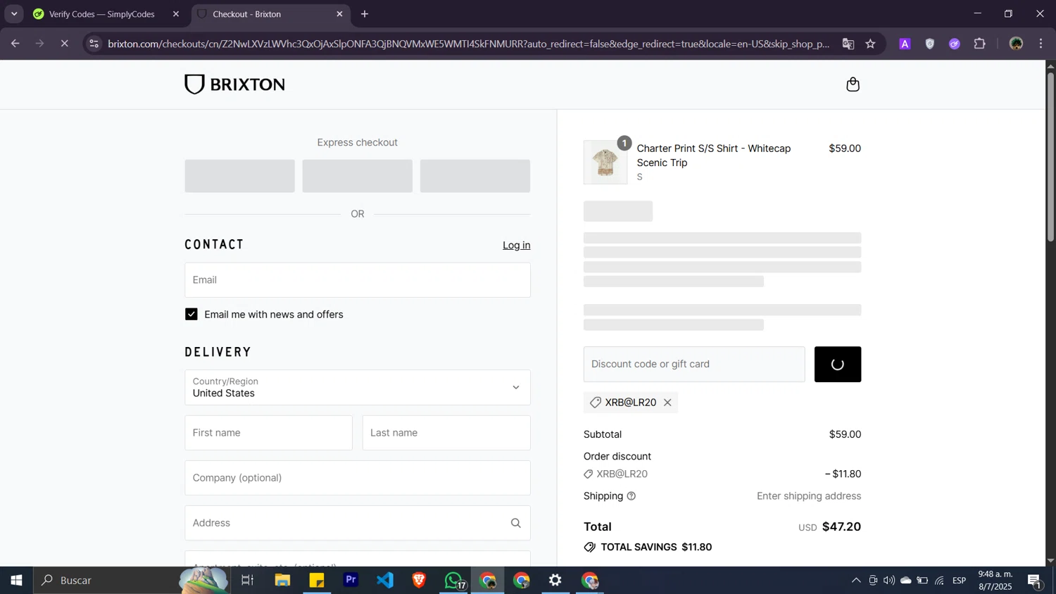 Brixton discount code screenshot showing code XRB@LR20 applied at Brixton checkout page. Uploaded by SimplyCodes community member Moisesdk0 on Jul 8, 2025