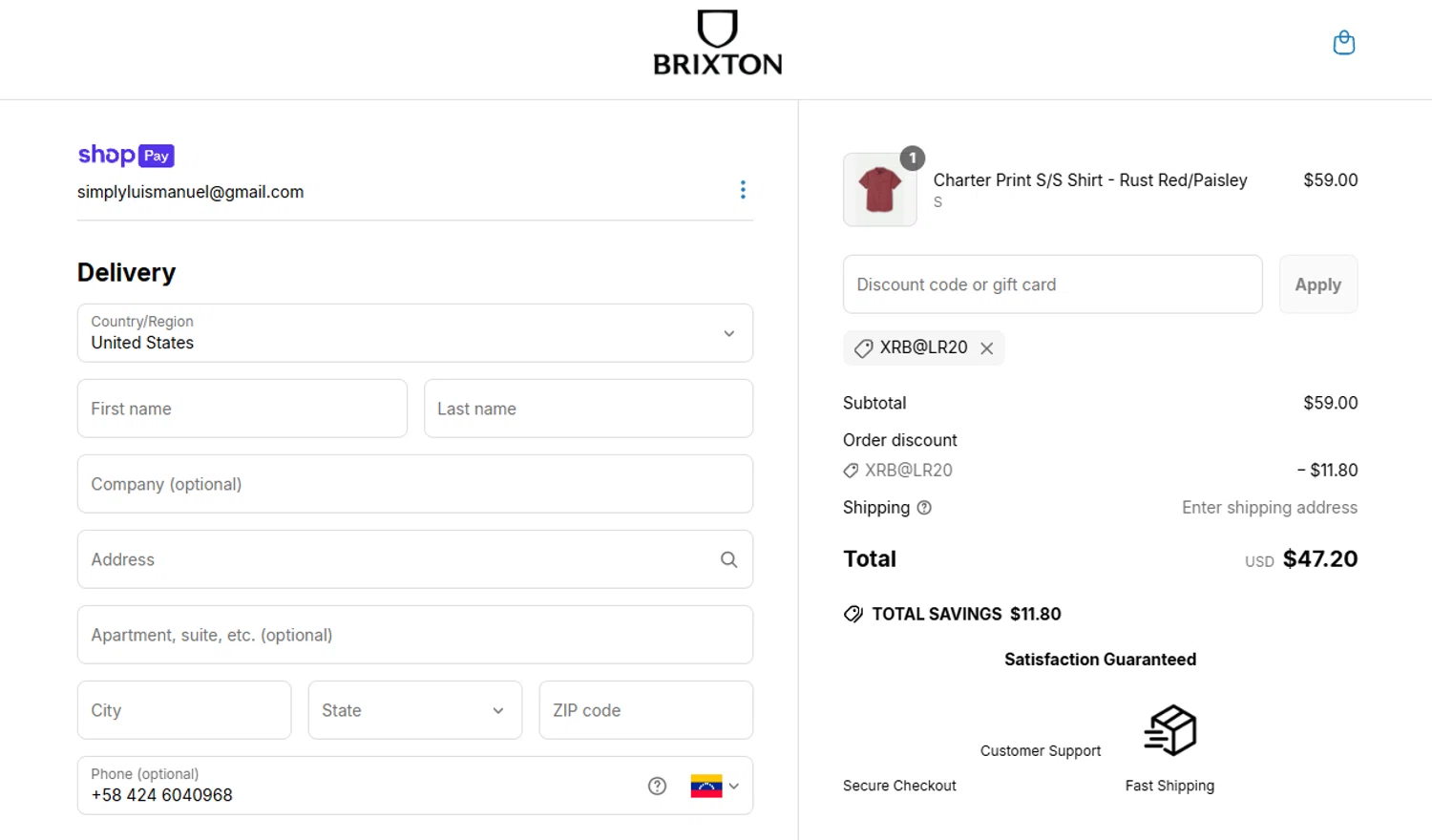 Brixton discount code screenshot showing code XRB@LR20 applied at Brixton checkout page. Uploaded by SimplyCodes community member MoneyScout2554 on Mar 25, 2025