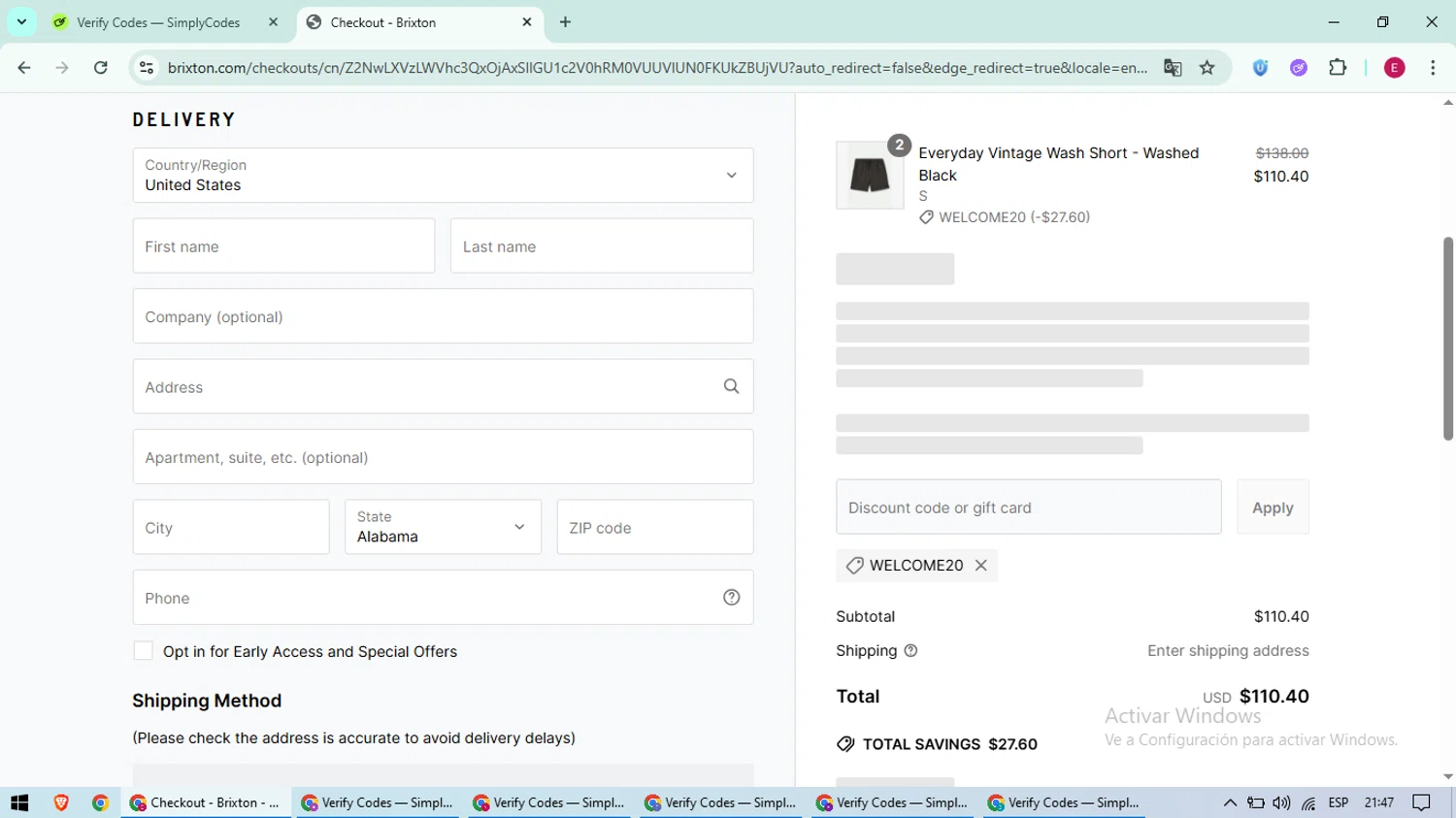 Brixton discount code screenshot showing code WELCOME20 applied at Brixton checkout page. Uploaded by SimplyCodes community member BrilliantWhiz4434 on Jun 24, 2025
