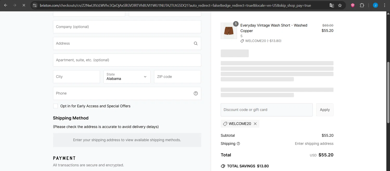 Brixton discount code screenshot showing code WELCOME20 applied at Brixton checkout page. Uploaded by SimplyCodes community member Jeanjc on Jun 24, 2025