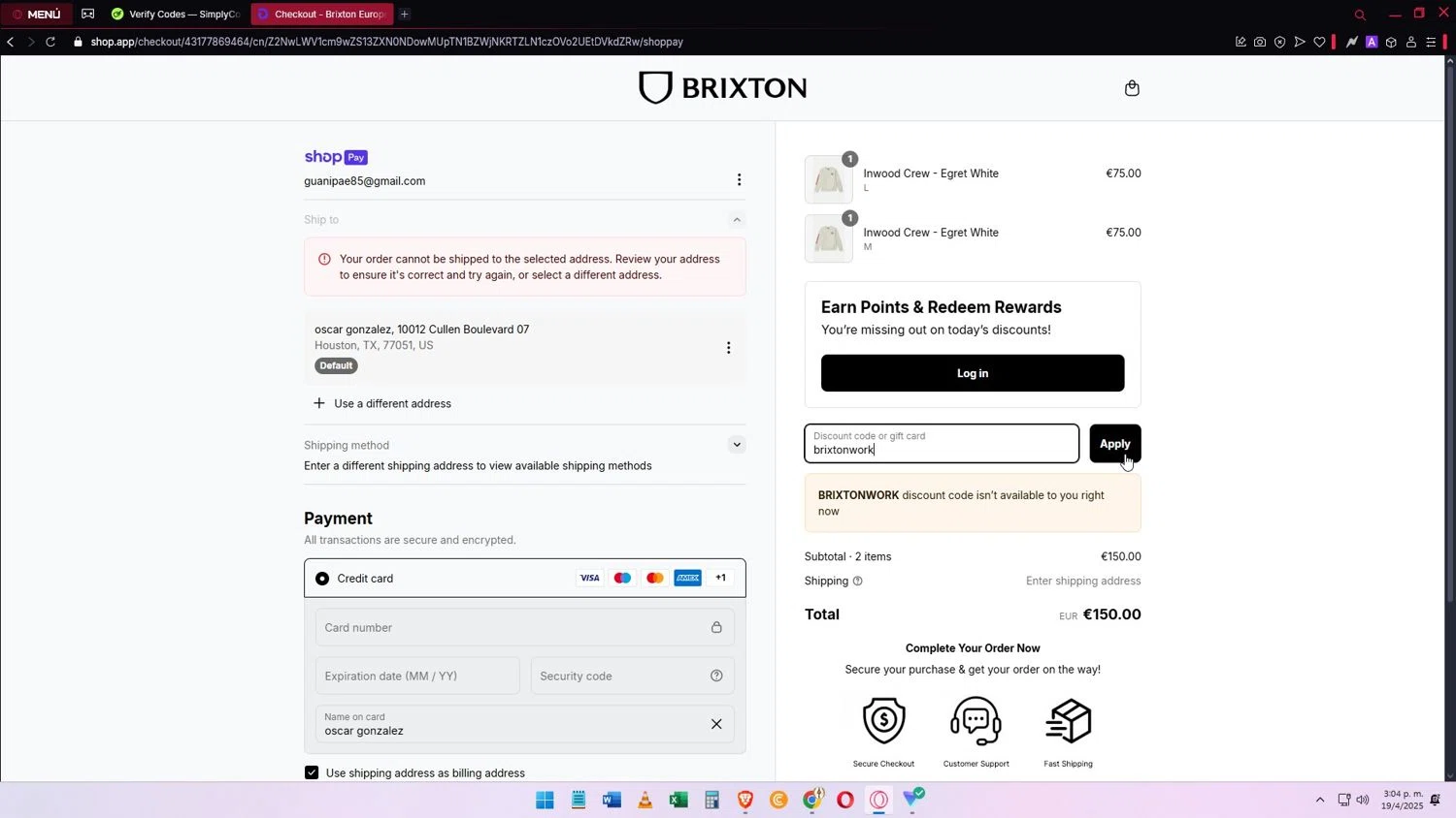 Brixton discount code screenshot showing code brixtonwork applied at Brixton checkout page. Uploaded by SimplyCodes community member Elimix on Apr 19, 2025