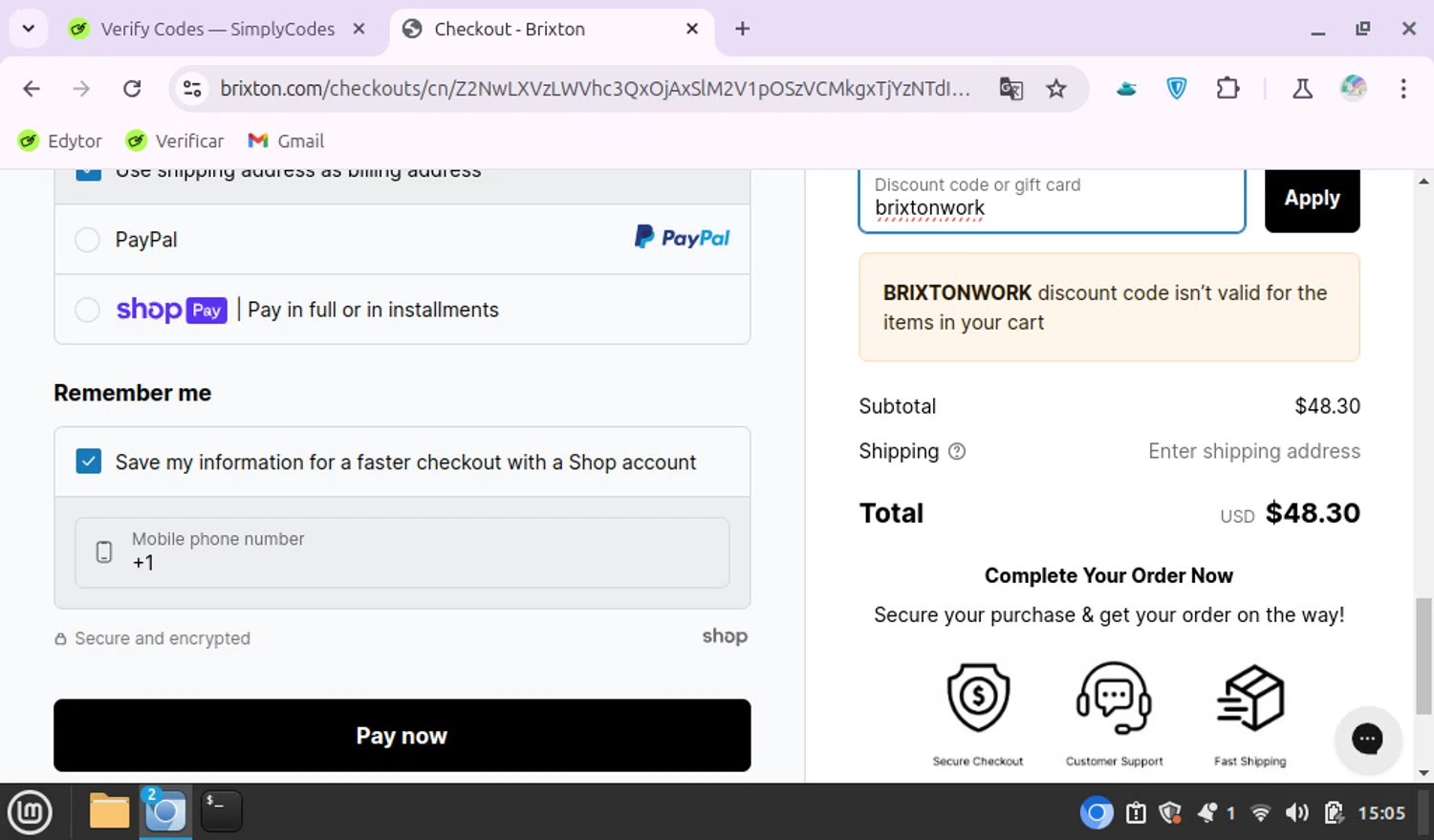 Brixton discount code screenshot showing code brixtonwork applied at Brixton checkout page. Uploaded by SimplyCodes community member KittyX on Apr 19, 2025