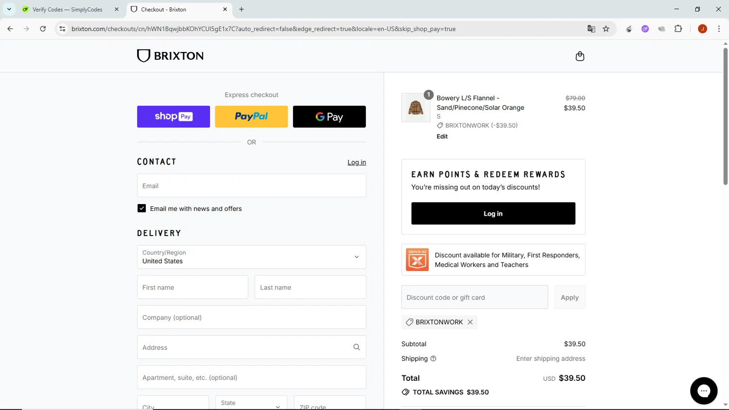 Brixton discount code screenshot showing code brixtonwork applied at Brixton checkout page. Uploaded by SimplyCodes community member NobleMaven802 on Jul 29, 2025