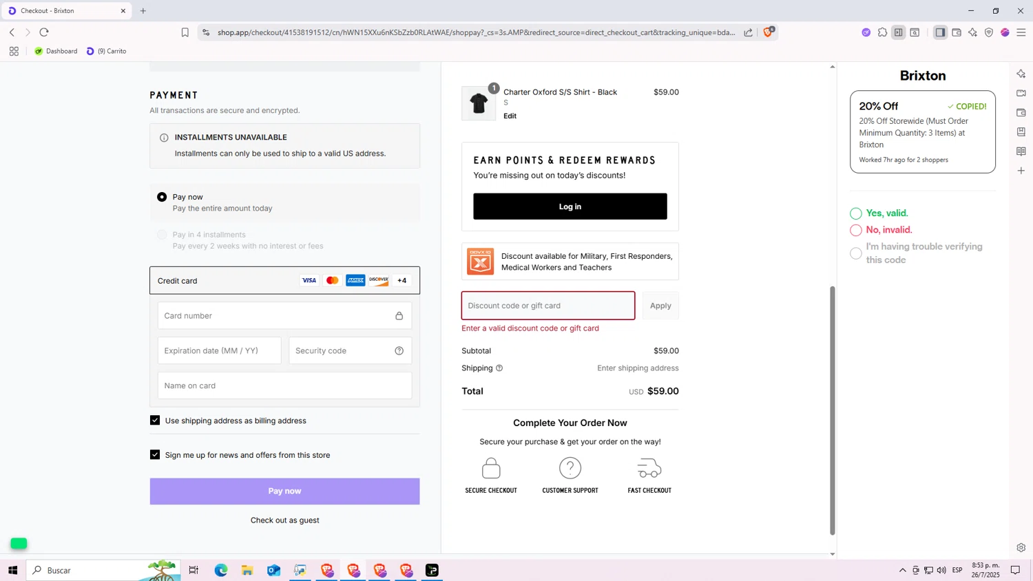Brixton discount code screenshot showing code BUNDLE3+ applied at Brixton checkout page. Uploaded by SimplyCodes community member Nezukooo on Jul 27, 2025