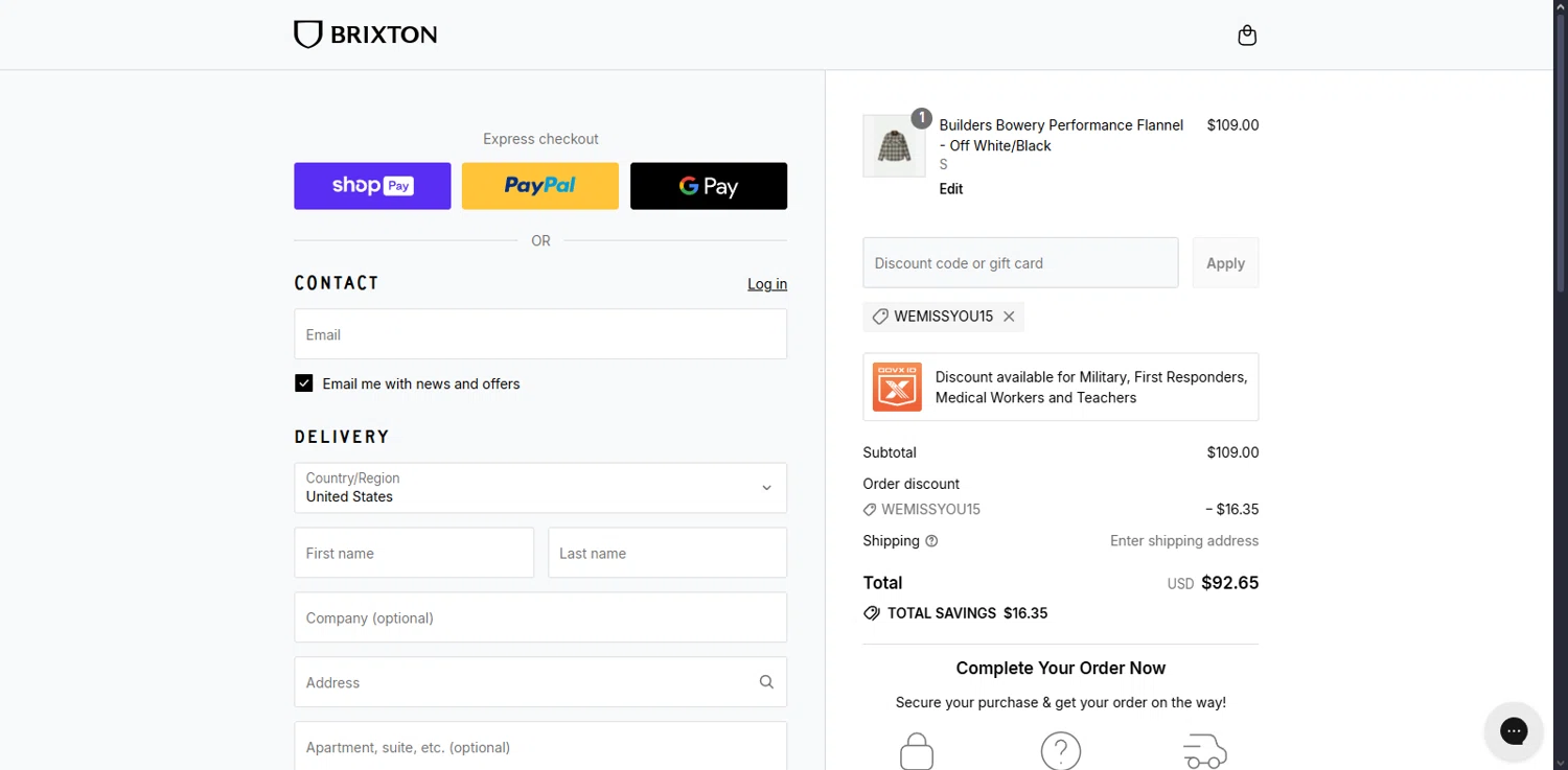 Brixton discount code screenshot showing code WEMISSYOU15 applied at Brixton checkout page. Uploaded by SimplyCodes community member Serdanvz on Aug 16, 2025