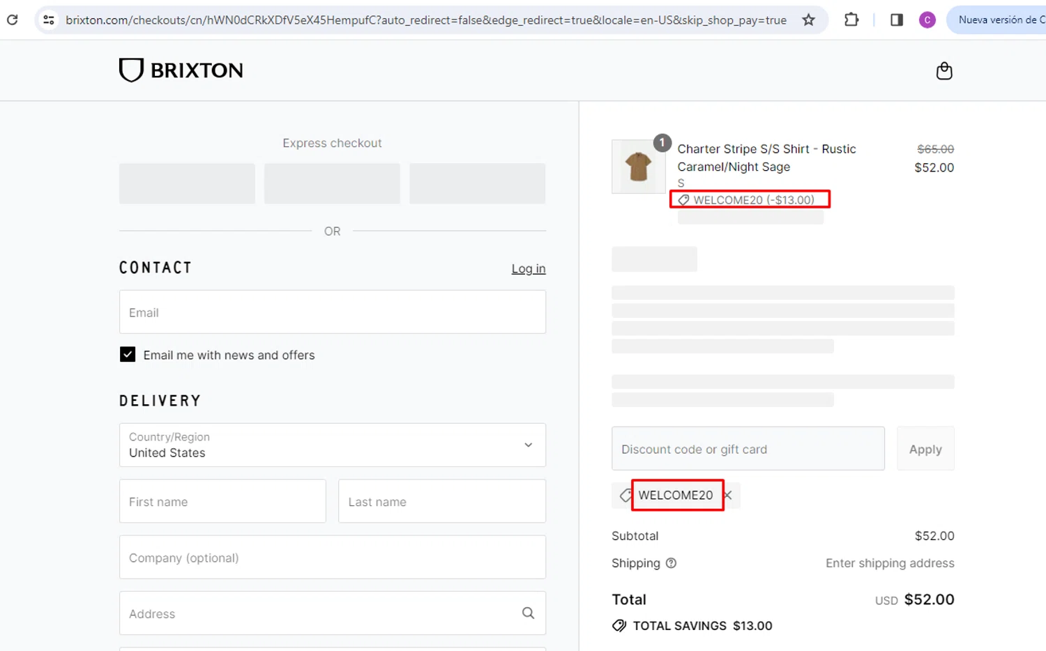 Brixton discount code screenshot showing code WELCOME20 applied at Brixton checkout page. Uploaded by SimplyCodes community member nileskamarcano on Jul 15, 2025
