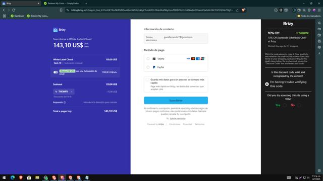 Brizy checkout page showing Brizy coupon code box | Screenshot taken by SimplyCodes community member on Jul 4, 2025