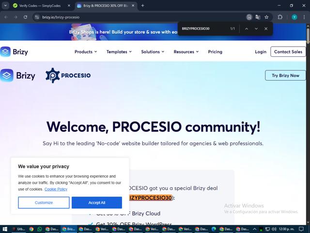 Brizy checkout page showing Brizy coupon code box | Screenshot taken by SimplyCodes community member on Jul 7, 2025