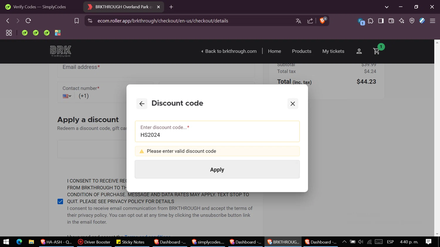 BRKTHROUGH discount code screenshot showing code HS2024 applied at BRKTHROUGH checkout page. Uploaded by SimplyCodes community member VictoriousSaver2809 on Mar 13, 2025