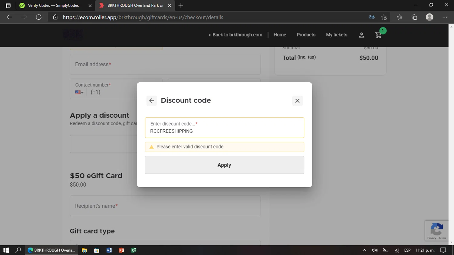 BRKTHROUGH discount code screenshot showing code GIFTCARD20 applied at BRKTHROUGH checkout page. Uploaded by SimplyCodes community member yuta_okkotsu on Mar 12, 2025