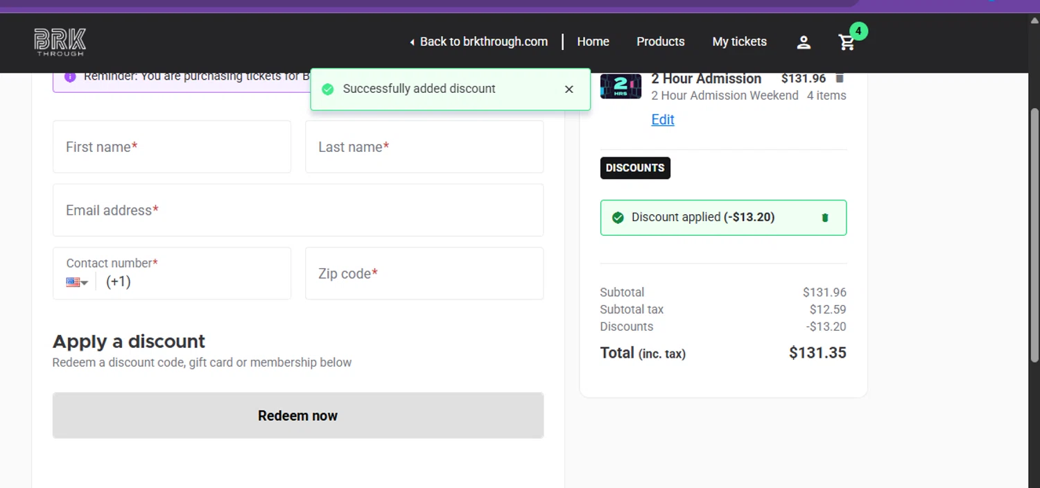BRKTHROUGH checkout page showing BRKTHROUGH discount code box | Screenshot taken by SimplyCodes community member on Oct 8, 2025