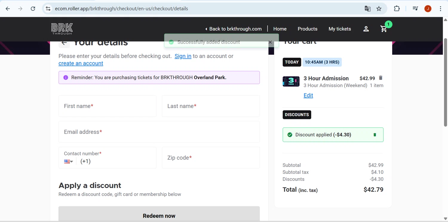 BRKTHROUGH discount code screenshot showing code HS2025 applied at BRKTHROUGH checkout page. Uploaded by SimplyCodes community member Mr_fran on Nov 29, 2025